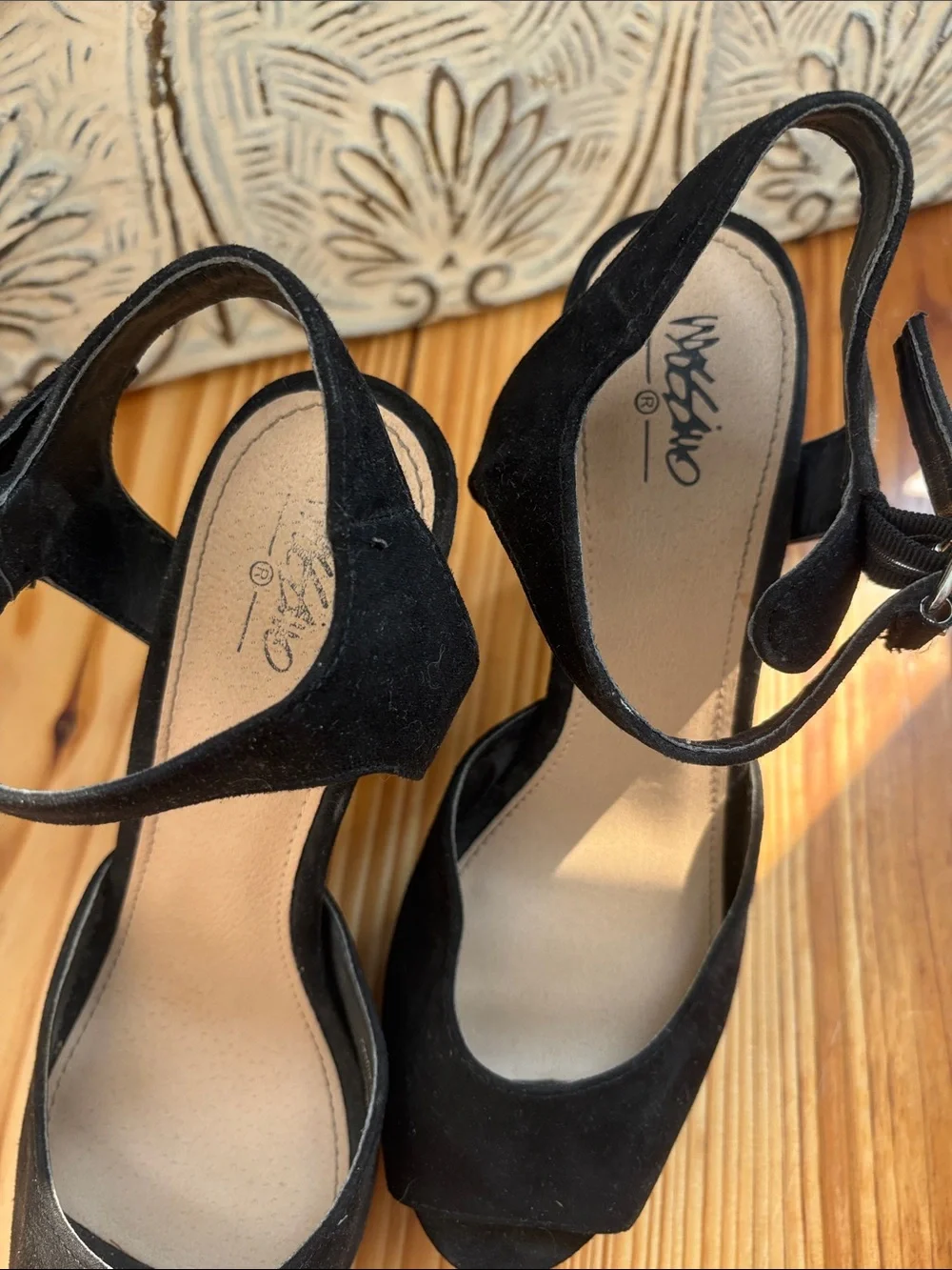 Black Platform Peep-Toe Ankle Strap Heels - Women